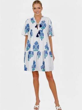 SOHANA Tiered Swing HANDMADE Liz Dress White Blue Sz XS 100% Cotton